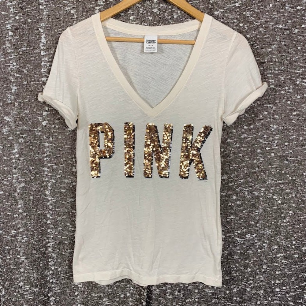 Victoria's Secret PINK V-Neck Sequin Logo Graphic T-Shirt Preppy Medium